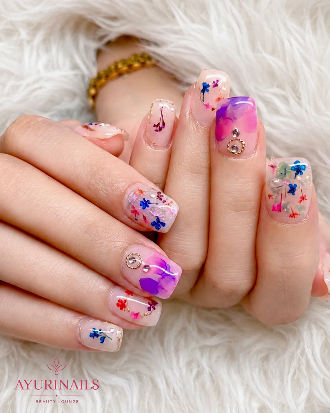 encapsulated dried flower nail art with crystal accents on square nails, AyuriNails Beauty Lounge Poblacion Makati